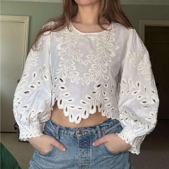 Free People Tops - Free People Oleander Top White Embroidered Eyelet Peasant Blouse